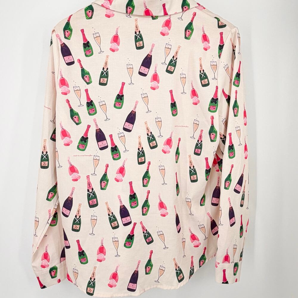 Champagne Bottle Print Button Front Blouse Women’s Medium Pink Novelty Top - Picture 4 of 8